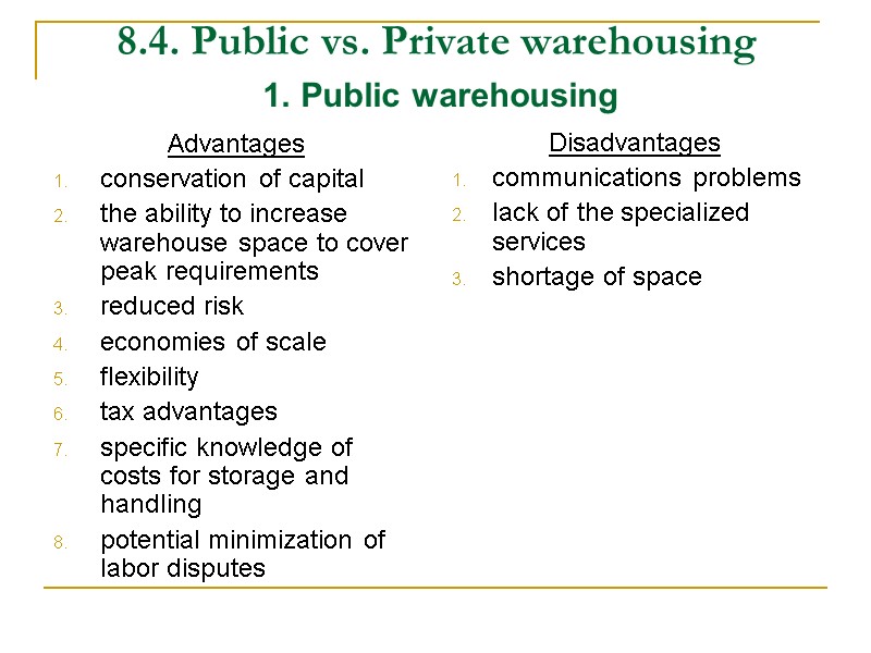 8.4. Public vs. Private warehousing Advantages conservation of capital the ability to increase warehouse